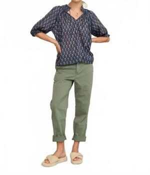 NEW M.A.B.E. ari print short sleeve blouse in indigo blue